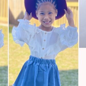 White Ruffled Blouse and Blue Skirt Set